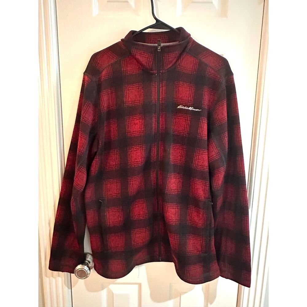 Eddie Bauer Full Zip Red Buffalo Plaid Fleece Jacket – Size Medium